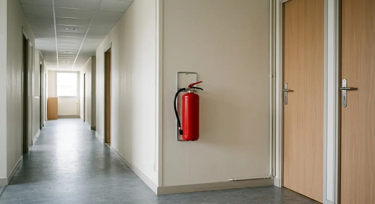 Extincteur rouge fixé au mur dans le couloir d'un bâtiment de bureaux