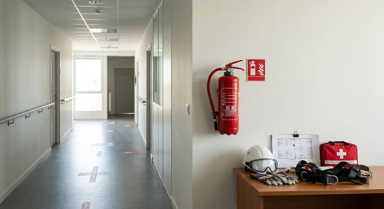 Plan d'implantation d'extincteurs affiché dans un local professionnel