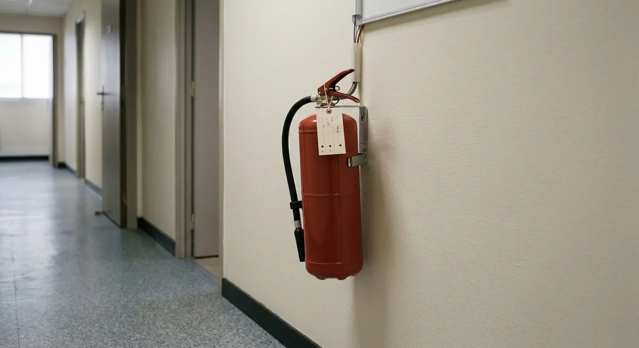Extincteur poudre fixé au mur dans un couloir d'entreprise avec étiquette de vérification