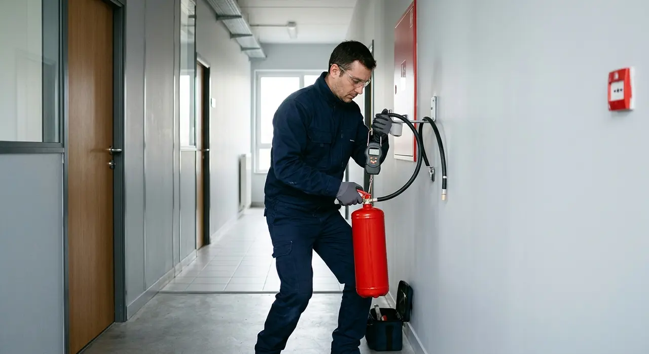 Technicien en intervention pesant un extincteur pour sa vérification annuelle