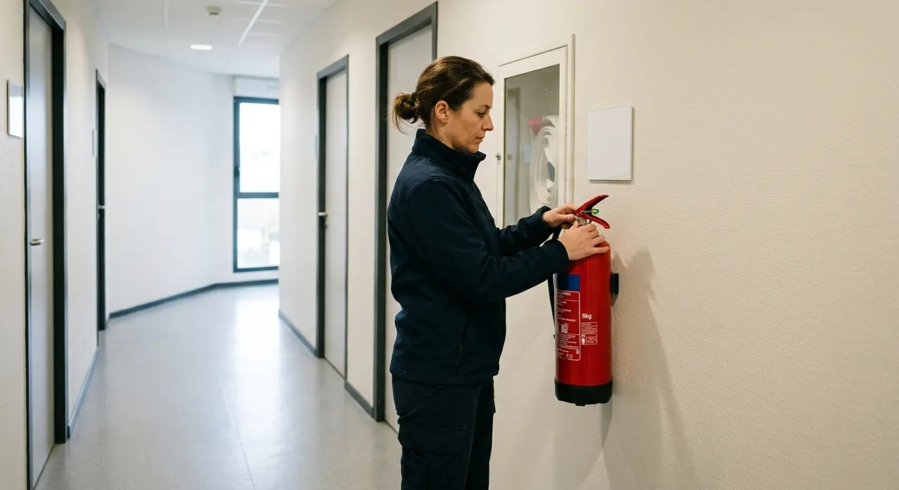 Technicien contrôlant la pression d'un extincteur dans un couloir d'entreprise