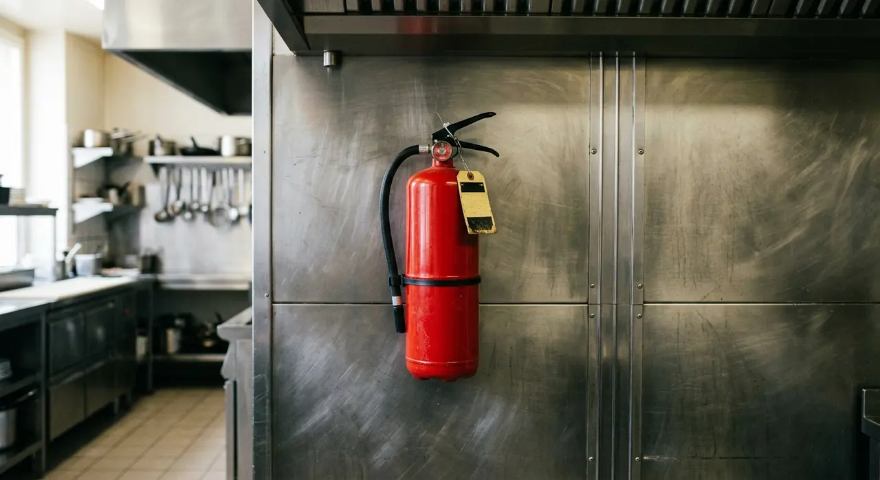 Extincteur rouge avec son étiquette de vérification dans une cuisine professionnelle