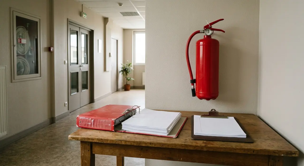 Registre de sécurité et documents de maintenance sur un bureau près d'un extincteur