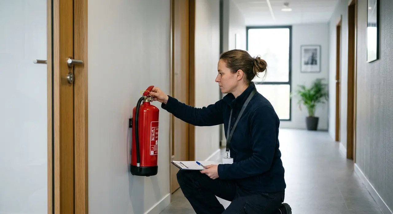 Technicien qualifié contrôlant un extincteur mural dans les locaux d'une entreprise