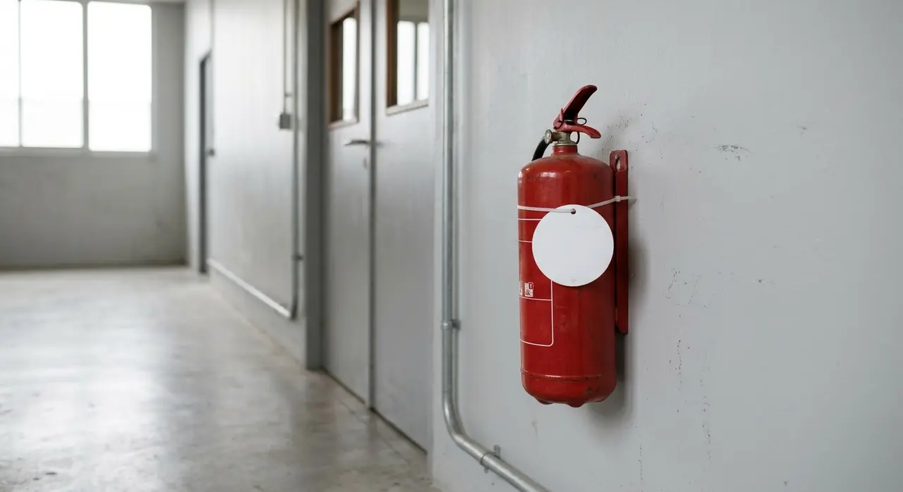 Étiquette de maintenance datée collée sur le corps d'un extincteur rouge