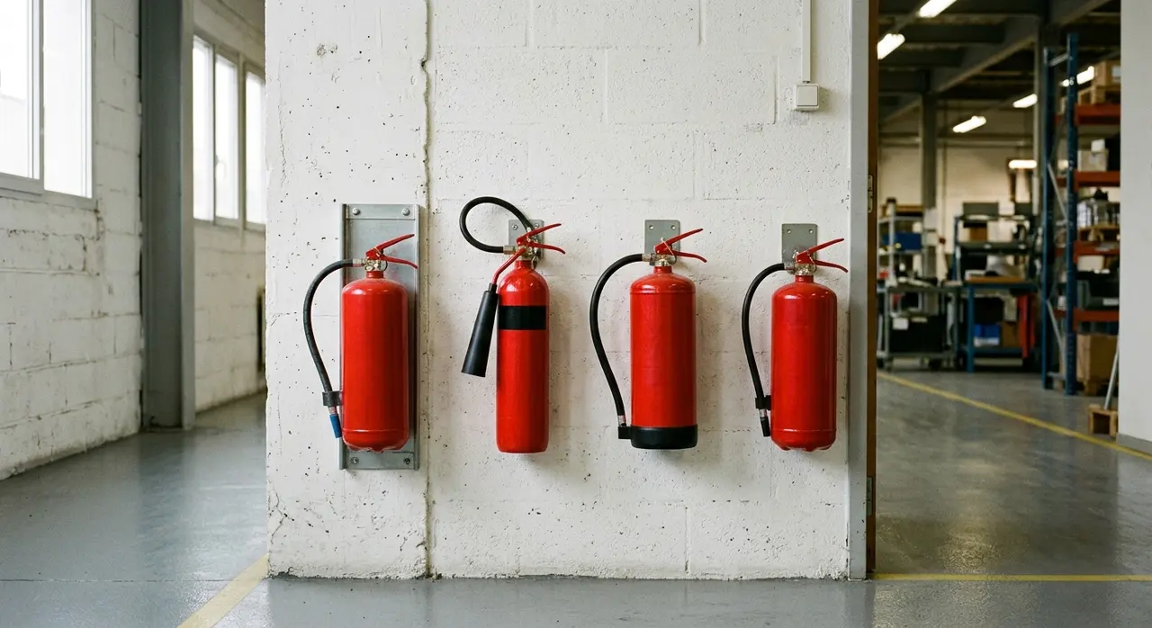 Inventaire d'extincteurs de différents types alignés dans un entrepôt industriel